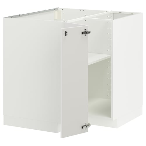 This image shows a white METOD kitchen cabinet set, modern and clean, with a high-gloss finish and metal hinges.