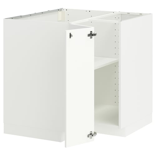 White METOD kitchen cabinet set, glossy finish, modern design, corner base with adjustable shelves.