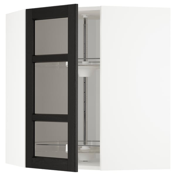 METOD Corner wall cab w carousel/glass dr, white/Lerhyttan black stained, 68x37x80 cm