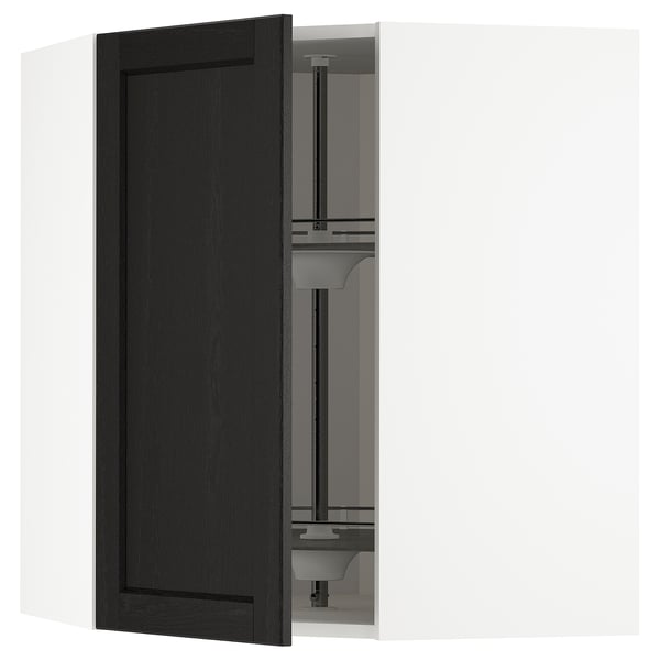 METOD Corner wall cabinet with carousel, white/Lerhyttan black stained, 68x37x80 cm