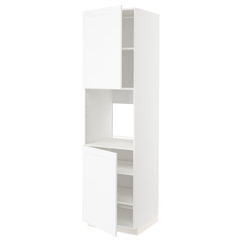 METOD white kitchen cabinet. Tall, rectangular design with adjustable shelves and doors. Simple, modern aesthetic, made of particleboard and melamine.