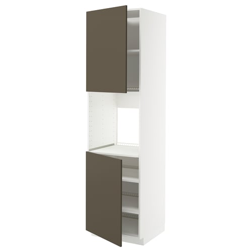 This image shows a tall white kitchen cabinet with dark brown doors, one open revealing shelves.