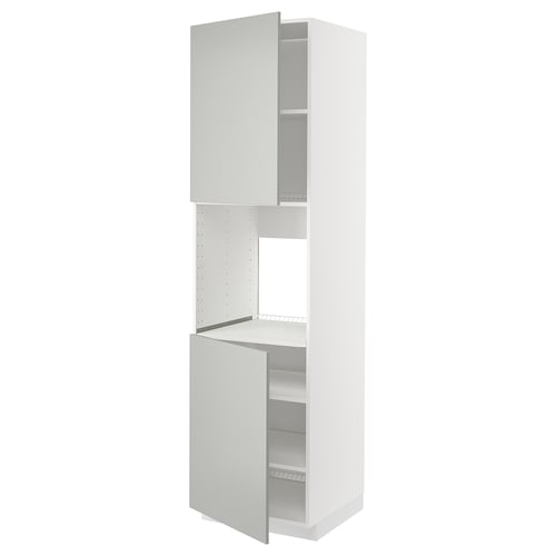 A white METOD kitchen cabinet set with light grey fronts, featuring open compartments for storage.