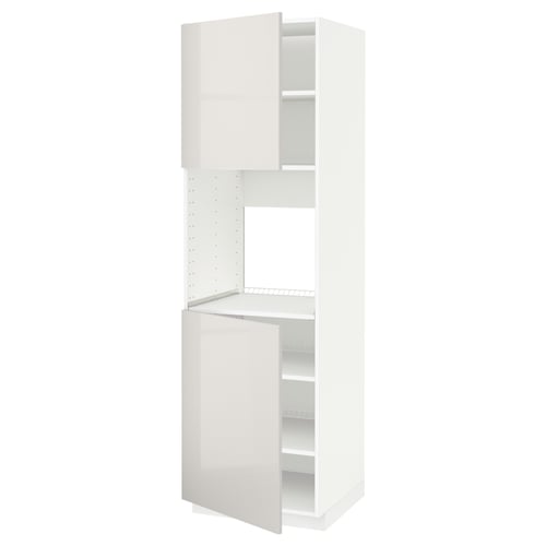 METOD white kitchen unit with shelves & open sections, glossy finish.