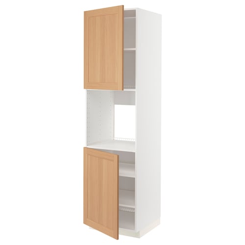 A white and light brown kitchen cabinet with a wood finish. It has two wooden doors and internal shelves.