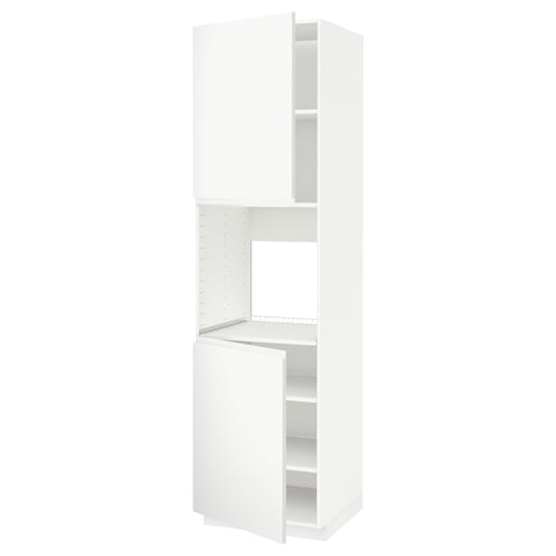 A white METOD kitchen cabinet from IKEA, featuring a sleek design with one open door revealing adjustable shelves.