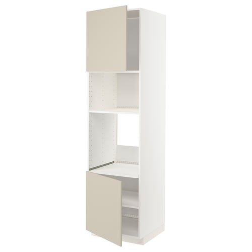 A white METOD kitchen cabinet with beige doors, featuring two adjustable shelves and a clean, modern design.