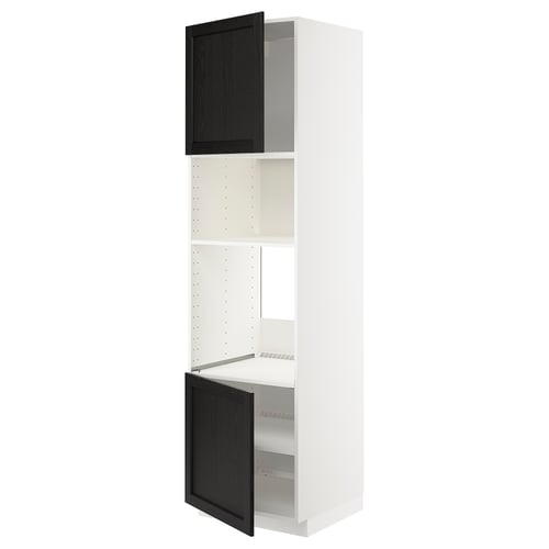 Displays a tall, white storage cabinet with two black doors from the METOD kitchen system, featuring a classic design with adjustable shelves.