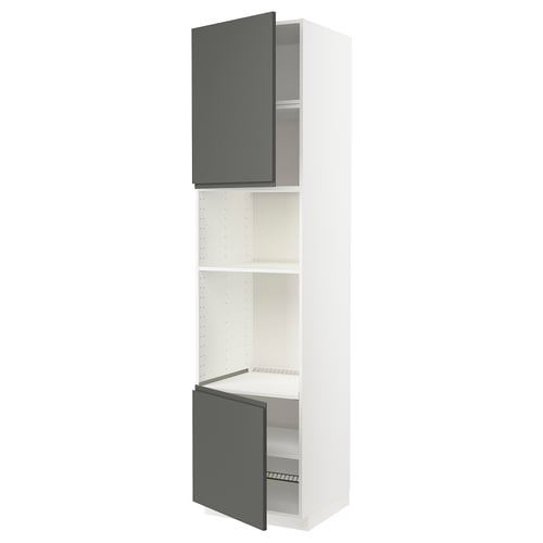 A tall, white METOD kitchen cabinet with two dark grey doors, featuring a modern design and adjustable shelves.