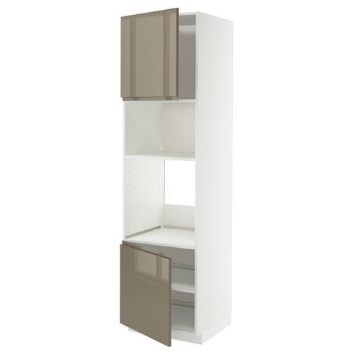 A white METOD kitchen unit with high-gloss dark grey-brown doors, featuring built-in handles and adjustable shelves.