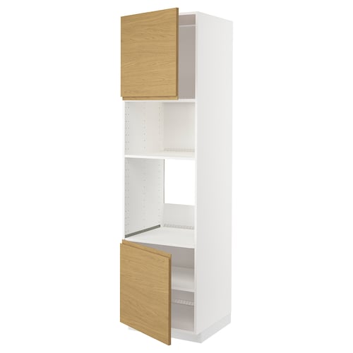White METOD kitchen unit with oak fronts, open door, 25-yr guarantee.