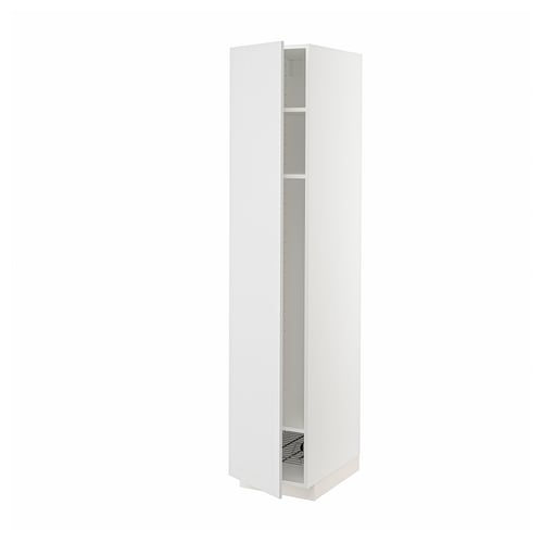 A white METOD tall kitchen cabinet. It has a sleek, rectangular design with a door that opens to reveal adjustable shelves and a wire basket.