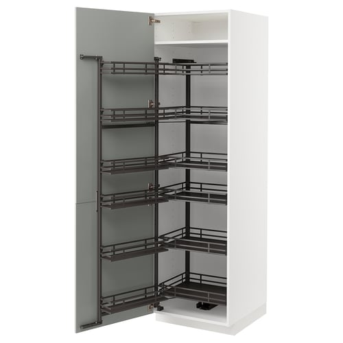 An open white METOD cabinet with pull-out shelves in light grey and black. It multiple storage levels and is designed for kitchen organisation.