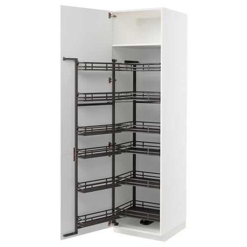 Image shows a METOD kitchen cabinet, white with black pull-out shelves.