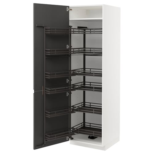 White METOD kitchen cabinet, dark grey pull-out shelves, modern design.