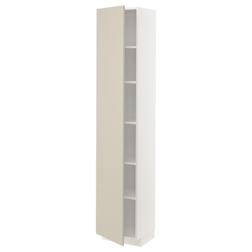 A white and beige METOD high cabinet from IKEA, featuring a sleek, modern design with adjustable shelves.