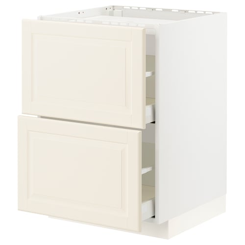 Off-white kitchen cabinet with two open drawers, traditional design, smooth surfaces.