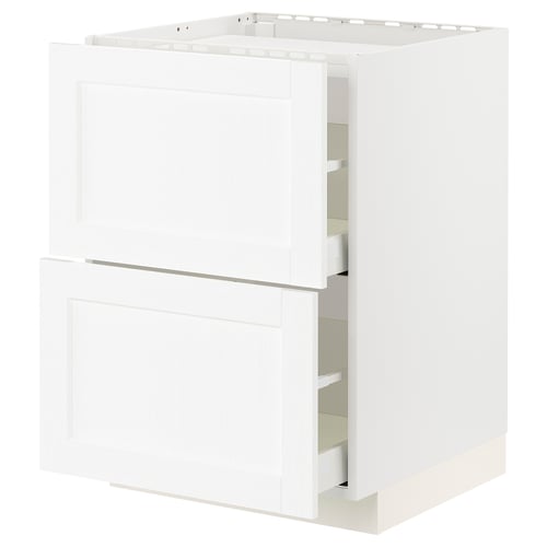 A white METOD kitchen cabinet with a classic wooden grain design and multiple shelves for storage.