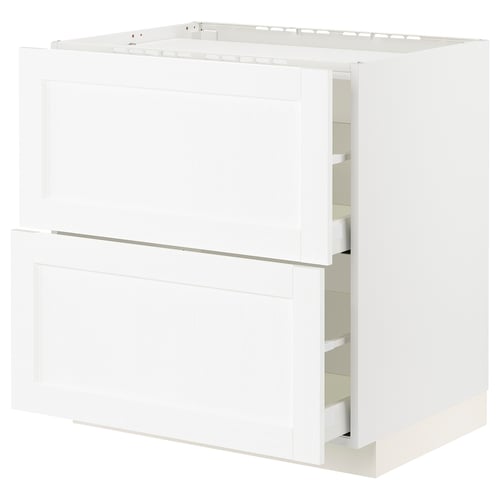 White kitchen cabinet, modern design, with two doors and drawers, containing shelves inside.