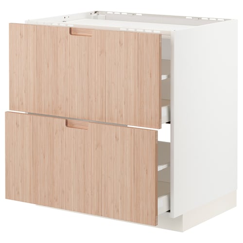Modern light-colored wooden kitchen cabinet with two doors and multiple drawers, sleek handles, and a clean design.