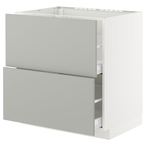 A white METOD kitchen cabinet with light grey drawers and a modern design.