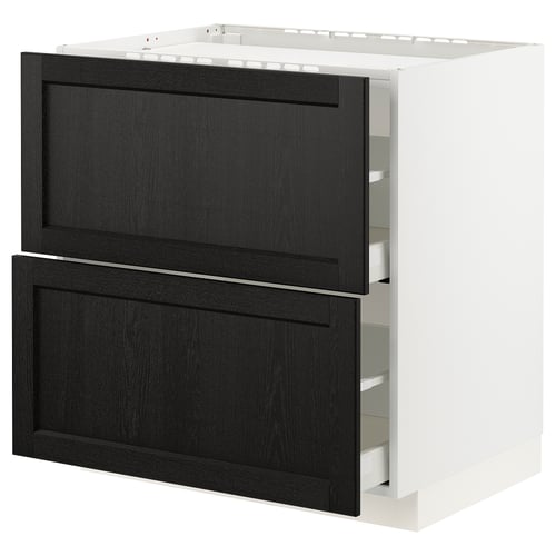 Modern kitchen cabinet, white base, black stained wood drawers.