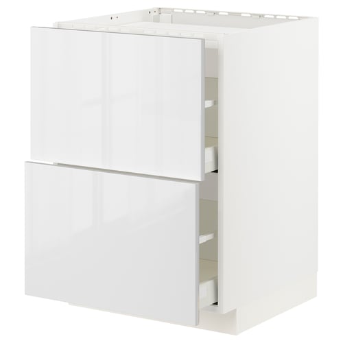 This image shows a white, high-gloss kitchen cabinet with two drawers. It has a sleek, modern design and sturdy frame construction.
