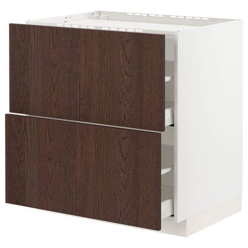 Dark brown wooden drawers paired with a white cabinet, featuring a sleek, modern design.