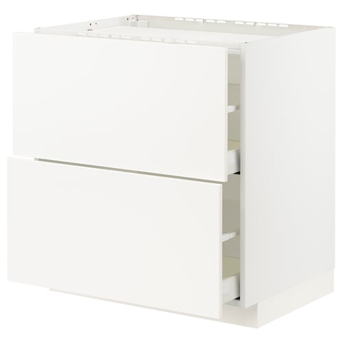 A white METOD kitchen cabinet with smooth veddinge fronts, featuring a robust frame and a high drawer.
