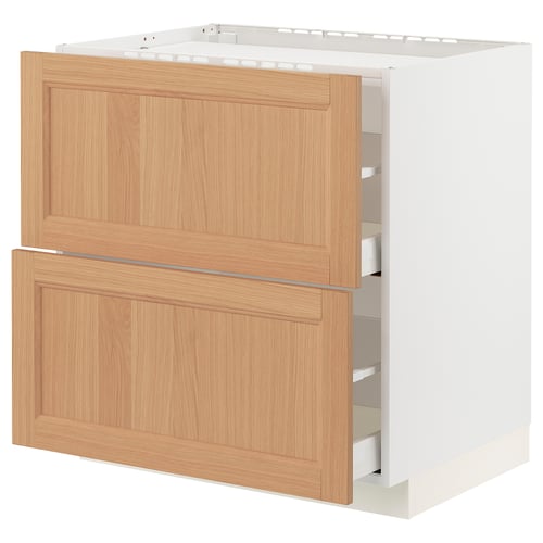 METOD kitchen unit with oak veneer, white frame, soft-close drawers.