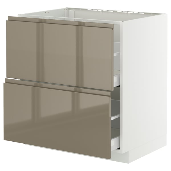 METOD / MAXIMERA Base cab f hob/2 fronts/2 drawers, white/Voxtorp high-gloss dark grey-brown, 80x60x80 cm