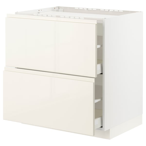 METOD / MAXIMERA Base cab f hob/2 fronts/2 drawers, white/Voxtorp high-gloss light beige, 80x60x80 cm