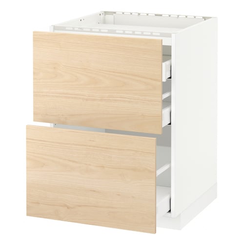Ikea METOD kitchen unit. White cabinet with light ash drawers, two open. Clean, modern design.