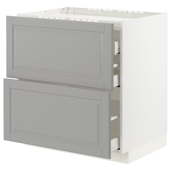 METOD / MAXIMERA Base cab f hob/2 fronts/3 drawers, white/Bodbyn grey, 80x60x80 cm