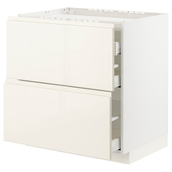 METOD / MAXIMERA Base cab f hob/2 fronts/3 drawers, white/Voxtorp high-gloss light beige, 80x60x80 cm