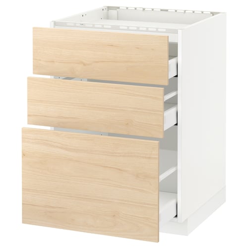 A white METOD kitchen cabinet with light ash wood drawers, featuring three large drawers.