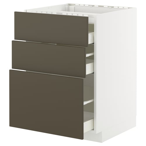 Its a white METOD kitchen unit with three dark brown havstorp drawers. The drawers have a sleek, rectangular design.