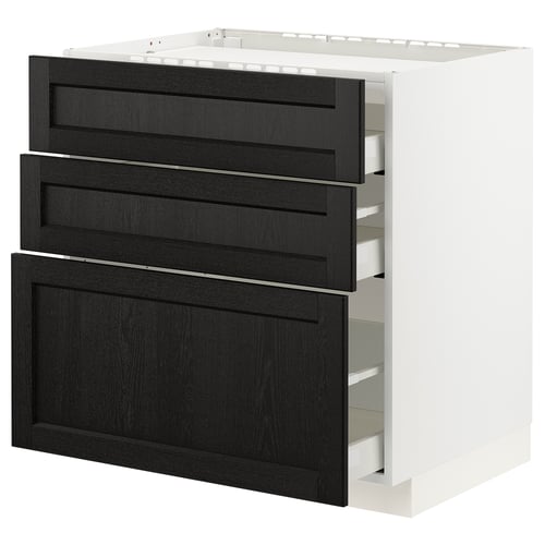 A modern white kitchen cabinet with three dark brown drawers, each with bevelled edges, providing ample storage.