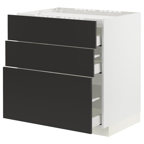 Modern black kitchen cabinet with three drawers, sleek and stylish design.