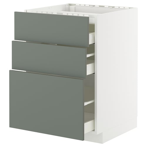 Modern grey-green METOD kitchen cabinet with three full-extension drawers.