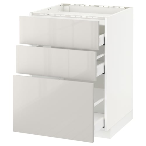 White METOD kitchen cabinet with three drawers, sleek and modern design, smooth-running drawers, glossy finish.