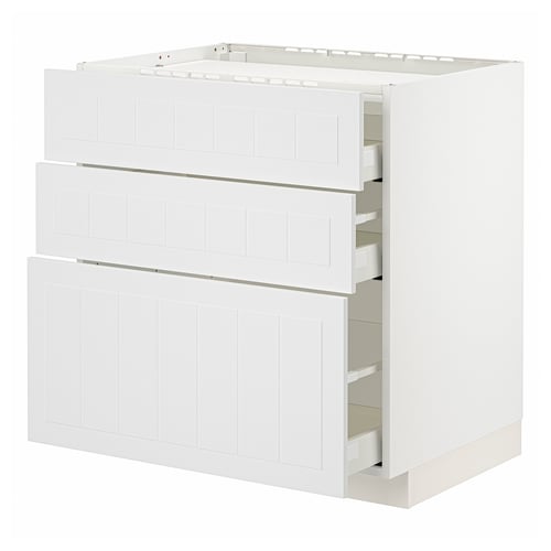 A white METOD kitchen cabinet with three drawers and one shelf unit. It has a modern, clean design with a sturdy frame construction.