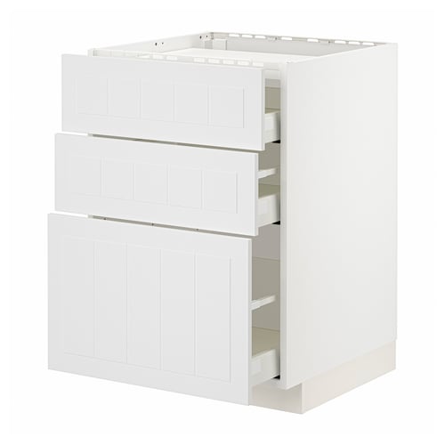 White ikea METOD kitchen cabinet with three drawers.
