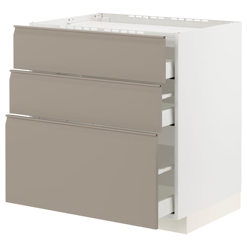 A modern, off-white cabinet with three beige drawers. It a sleek, minimalist design with integrated handles.
