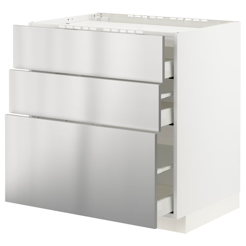 Modern kitchen unit with stainless steel drawers for efficient storage.