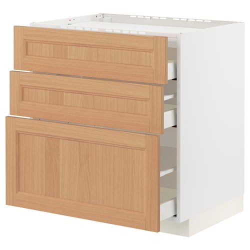 METOD kitchen unit in oak, with multiple drawers, light wood look.