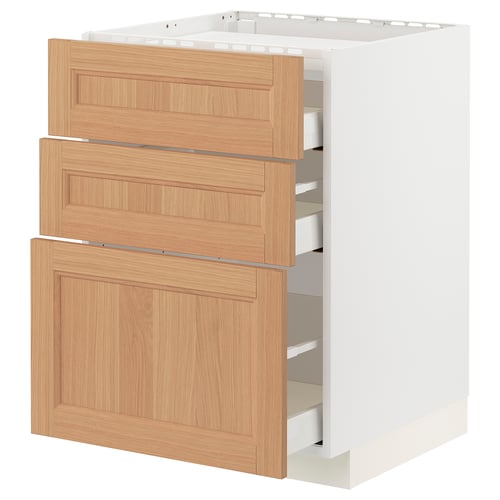 METOD kitchen unit with oak drawers. White base, three wooden drawers, modern and simple design.