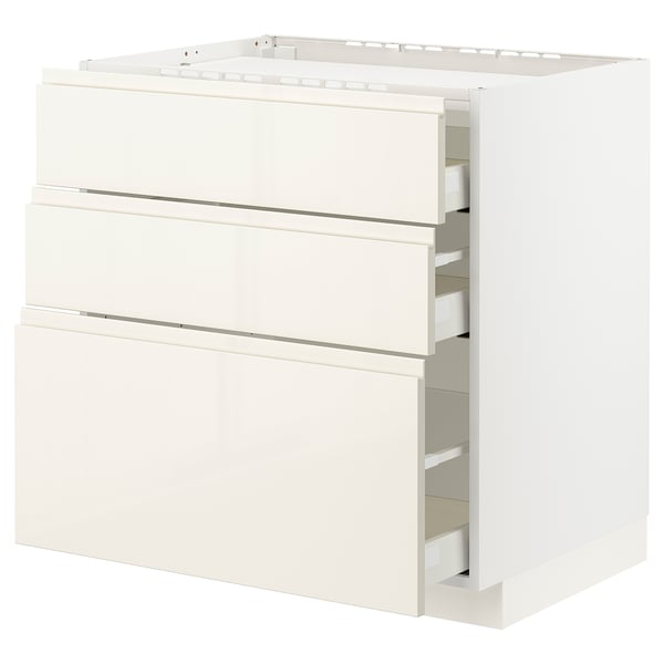 METOD / MAXIMERA Base cab f hob/3 fronts/3 drawers, white/Voxtorp high-gloss light beige, 80x60x80 cm