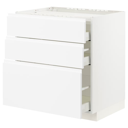 White modern kitchen cabinet with 3 drawers and smooth edges.