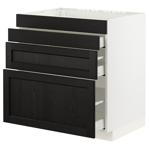 Modern kitchen cabinet, black & white, three drawers, sleek design, sturdy wood.